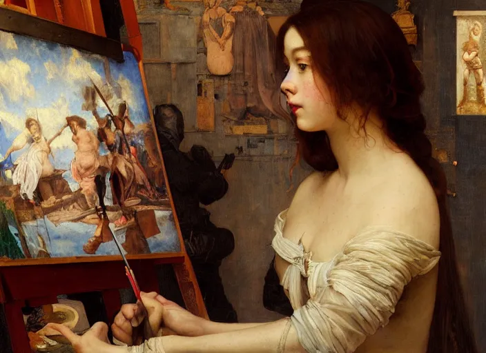 Image similar to a painter in his studio painting a picture of belle delphine by edgar maxence and caravaggio and michael whelan and delacroix style, artistic, intricate drawing, cinematic lighting, hyper realistic, extremely detailed, establishing shot, 8 k resolution, dramatic lighting