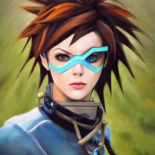 prompthunt: beautiful oil painting of tracer from the game overwatch in the  style of mark arian, standing alone in grassy field, smiling while the sun  shines down, feminine face, light rays, radiant