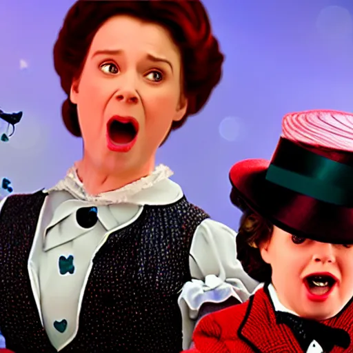 Image similar to rachel bloom as mary poppins violently shaking a crying baby, ultra detailed, 8 k resolution, ultrarealistic