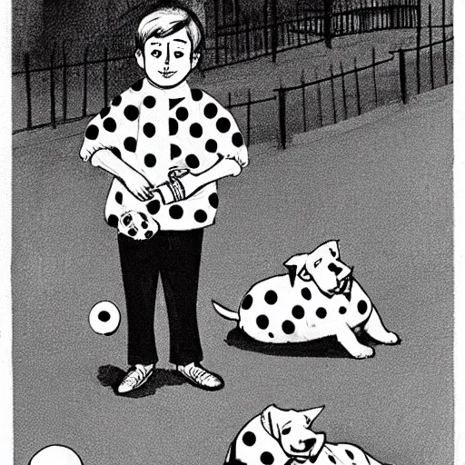 Image similar to book illustration of a french boy on the streets of paris playing football against a corgi, the dog is wearing a polka dot scarf, 1 9 6 6