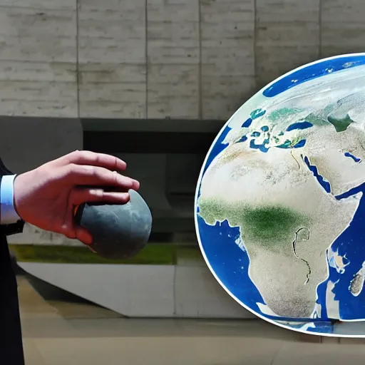 Image similar to photo of robotic putin holding earth in his hands