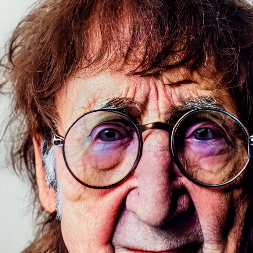 Image similar to john lennon singer at age 9 0 years old, color ( sony a 7 r iv, symmetric balance, polarizing filter, photolab, lightroom, 4 k, dolby vision, photography award ), vogue, perfect face