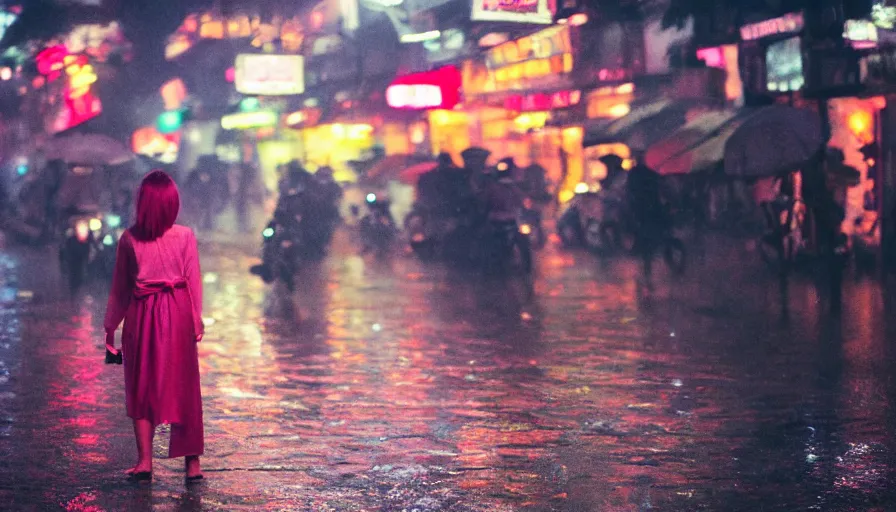 Image similar to street of hanoi, photography, night, rain, mist, a girl with pink hair, cinestill 8 0 0 t, in the style of william eggleston