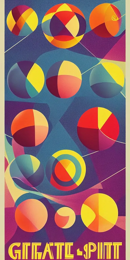 Image similar to retro 7 0 s poster graphics of geometric representation of gravity effects on space and time, geometric design, movement, perfect geometry, spheres, retro poster, symmetrical, serious, 7 0 s pop colors, poster