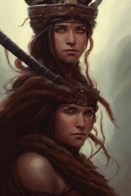 Image similar to head and shoulders portrait of a barbarian, female, high fantasy, dnd, nuri iyem, james gurney, james jean, greg rutkowski, anato finnstark