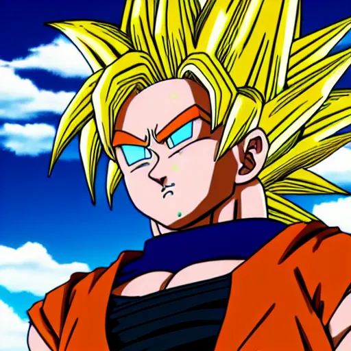 Image similar to super saiyan christopher walken, dragon ball z, blue sky and clouds in background