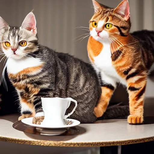 Image similar to two calico cats and a tabby cat enjoy cups of tea together at an upscale party, award winning photo