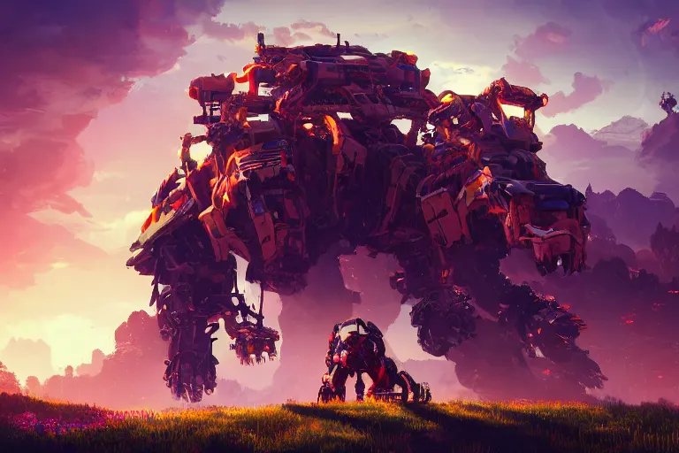 Image similar to behemoth machine mecanical creature robot of horizon forbidden west horizon zero dawn radiating a glowing aura global illumination ray tracing hdr fanart arstation by ian pesty and alena aenami artworks in 4 k