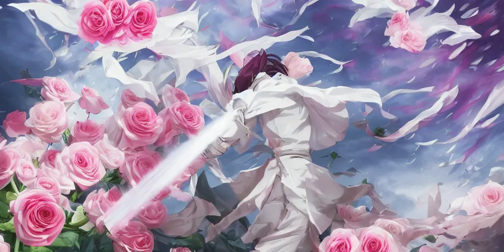 Image similar to floating flying longswords slicing through a bouquet of white and pink roses, flowers exploding and spraying, big puffy clouds, sharp rain, large rose petals, lotus petals, large polygonal background elements, large polygons, dramatic anime, dramatic lighting, artgerm, manga, trending on artstation, art nouveau, mature colors