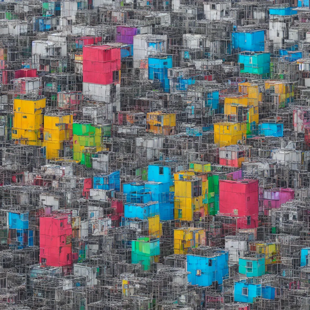 Prompt: three towers, made up of colourful makeshift squatter shacks, large vertical blank spaces, dystopia, sony a 7 r 3, f 1 1, fully frontal view, photographed by jeanette hagglund