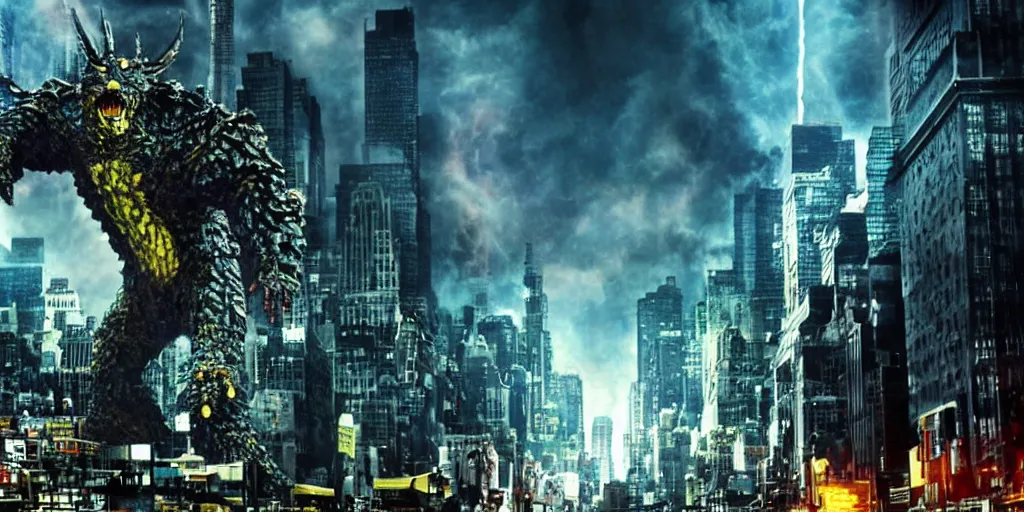 Image similar to A Cyber Kaiju Attacking new york, cinematic, Michael bay movie