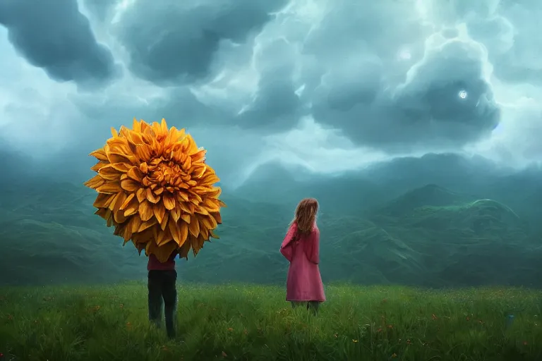 Prompt: closeup giant dahlia flower as head, girl standing on mountain, surreal photography, blue storm clouds, dramatic light, impressionist painting, digital painting, artstation, simon stalenhag