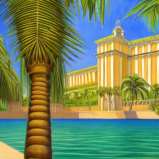 Image similar to a ultradetailed beautiful painting of the amazonas palace balustrade designed by edward robert hughes, tarsila do amaral, frank weston and gustave baumann, beach, trending on artstation, mediterranean, palm trees, detailed face, sharp focus, soft light, 8 k 4 k