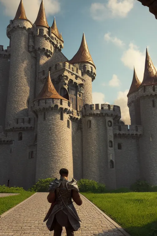 Image similar to a person standing in front of a castle, a detailed matte painting by senior environment artist, cgsociety contest winner, baroque, rendered in unreal engine, unreal engine 5, CryEngine