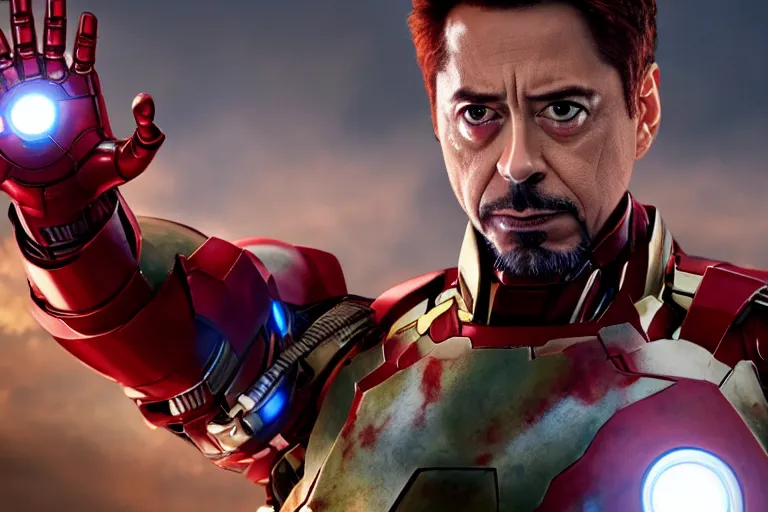 Image similar to film still of zombie Tony Stark in new avengers movie, 4k