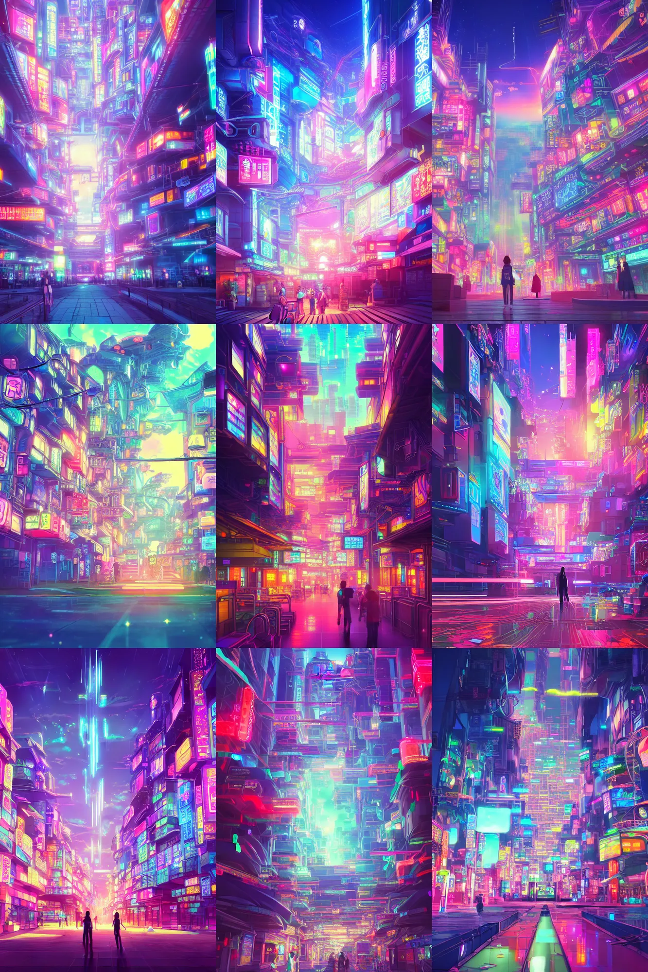 Prompt: A digital dreamscape, beautiful ultradetailed anime illustration of a virtual internet city, entrance into the digital universe, vibrant neon colors, studio ghibli, by beeple, makoto shinkai, and thomas kinkade, anime art wallpaper 4k, trending on artstation. daily deviation