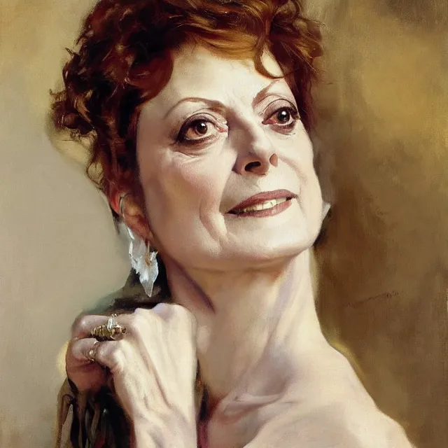 Image similar to a striking portrait of susan sarandon by john singer sargent, norman rockwell, and andrew wyeth, strong brushwork, natural light, color palette of pastels and earth tones