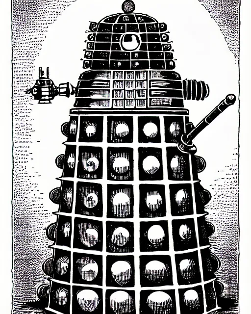 Image similar to a dalek as a d & d monster, pen - and - ink illustration, etching, by russ nicholson, david a trampier, larry elmore, 1 9 8 1, hq scan, intricate details, high contrast, no background