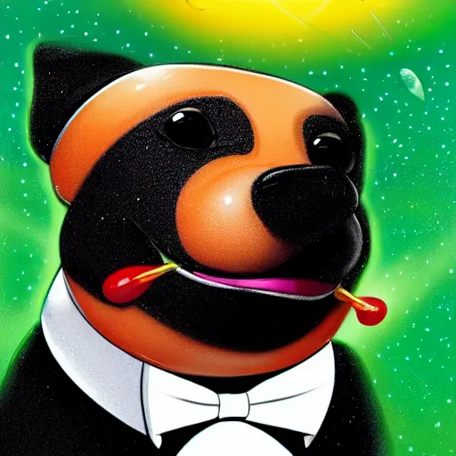 Prompt: a beautiful hotdog character in space wearing a tuxedo with colorful bright green eyes, medium shot, hd, 8k, hyper-realism, detailed,