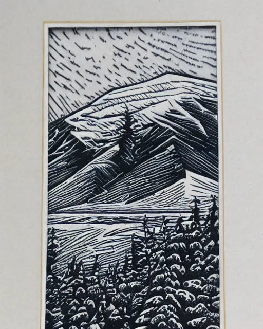 Prompt: an award winning Wood engraving on paper of Canadian mountains