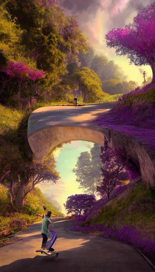 Image similar to A skateboarder going downhill towards a magical portal and purple trees in the distance, abandoned city, sweat drops, insane, intricate, highly detailed, oil painting, smooth, sharp focus, Unreal Engine 5, 8K, art by Diego Velázquez