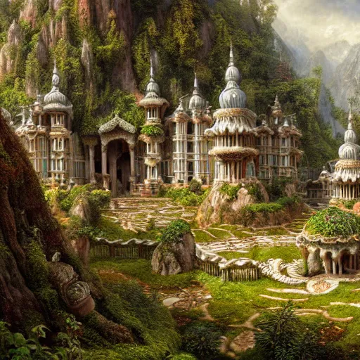 Image similar to a beautiful and highly detailed matte painting of an dwarf garden palace in a breath taking forest in a deep valley in the beautiful mountains of avalon, intricate details, epic scale, insanely complex, 8 k, sharp focus, hyperrealism, very realistic, by caspar friedrich, albert bierstadt, james gurney, brian froud,