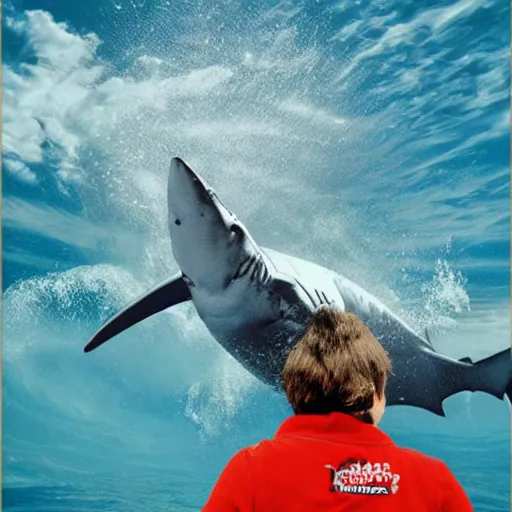 Image similar to jack black riding a shark, ocean, rainbow