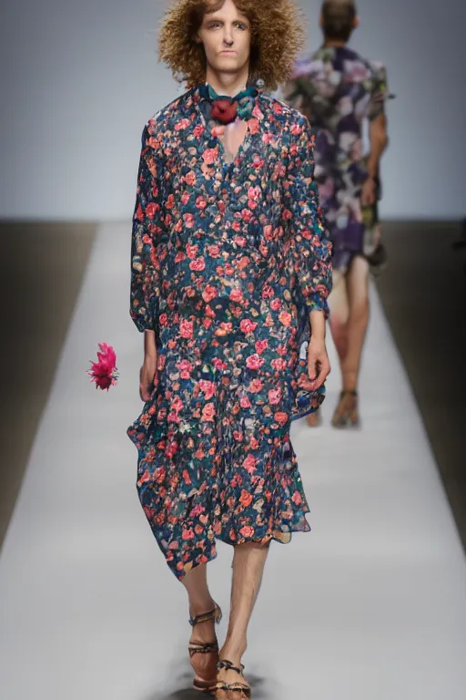 Image similar to man with a flower dress on a catwalk