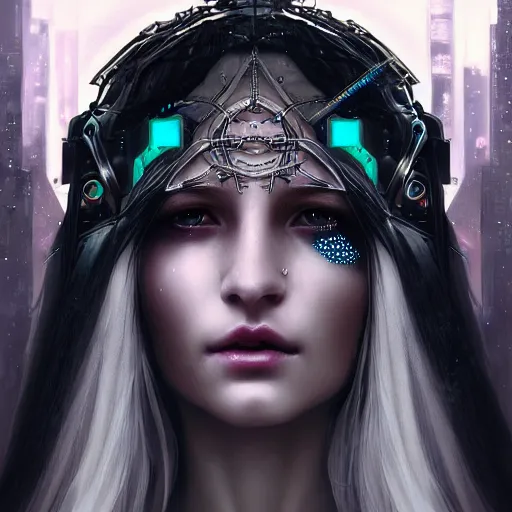 Image similar to cyberpunk robotic dark elvish queen, diadem on the head, black tears, extremely detailed, hyperrealistic, intricate, soft light, fantasy, digital painting, art station, perfect faces, fine details, by wlop