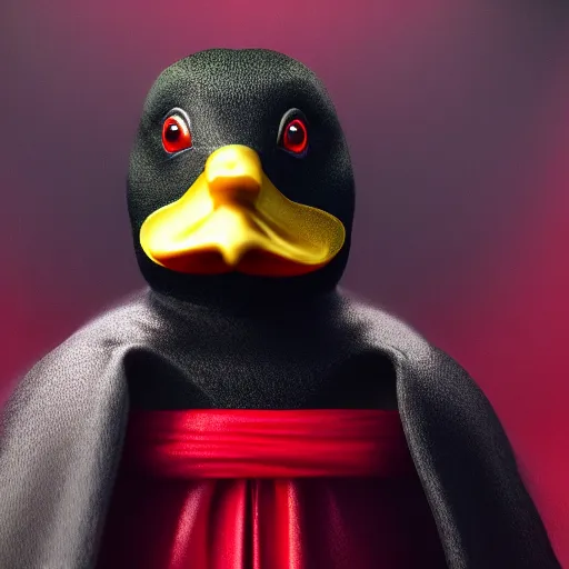 Image similar to portrait of cute mallard duck, wearing cultist red robe, standing at an altar, black feathers, glowing arcane eyes, very detailed black feathers, ultra detailed, cgi, photorealistic, unreal engine 5, nft portrait, 3 d, digital art, 8 k, octane render, trending on art station,