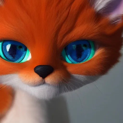 Image similar to orange kitten big eyes a lot of fur cute highly detailed high - quality photo realistic 8 k octane render blender