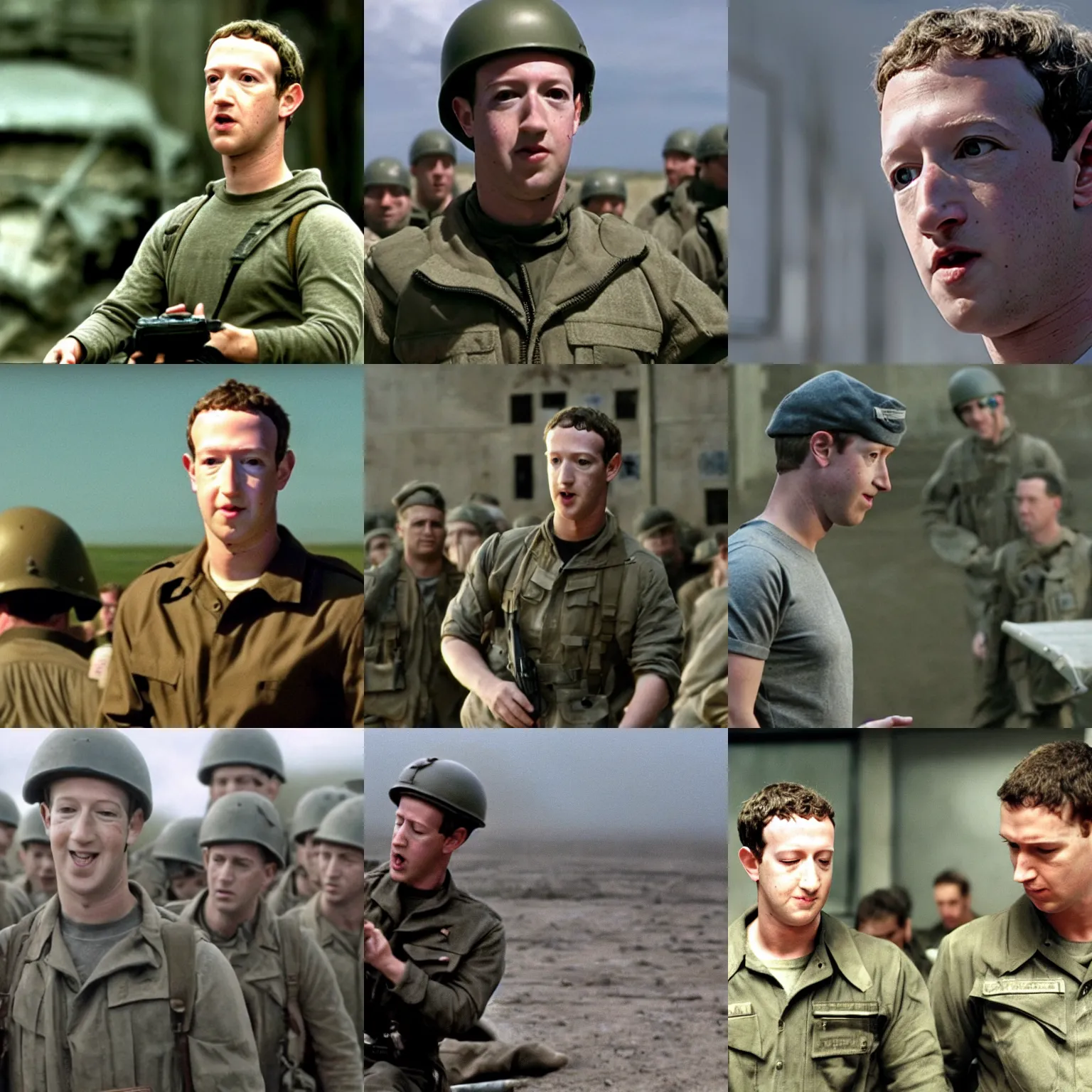 Prompt: Movie still of Mark Zuckerberg in Saving Private Ryan, opening scene