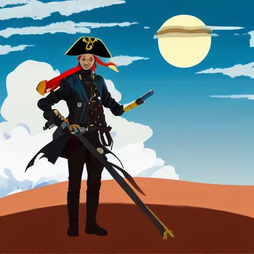 Prompt: !dream Painting of an anime pirate captain in the middle of a desert, digital art (5px vector outline contour, anime shading)