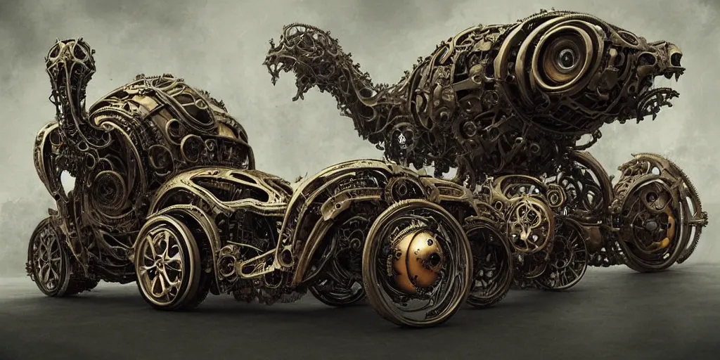 Image similar to biomechanical steampunk vehicle reminiscent of fast sportscar with robotic parts and (glowing) headlights parked in ancient lush palace, gothic and baroque, brutalist architecture, ultradetailed, creepy ambiance, fog, artgerm, giger, Intricate by Ellen Jewett and Josan Gonzalez and Giuseppe Arcimboldo