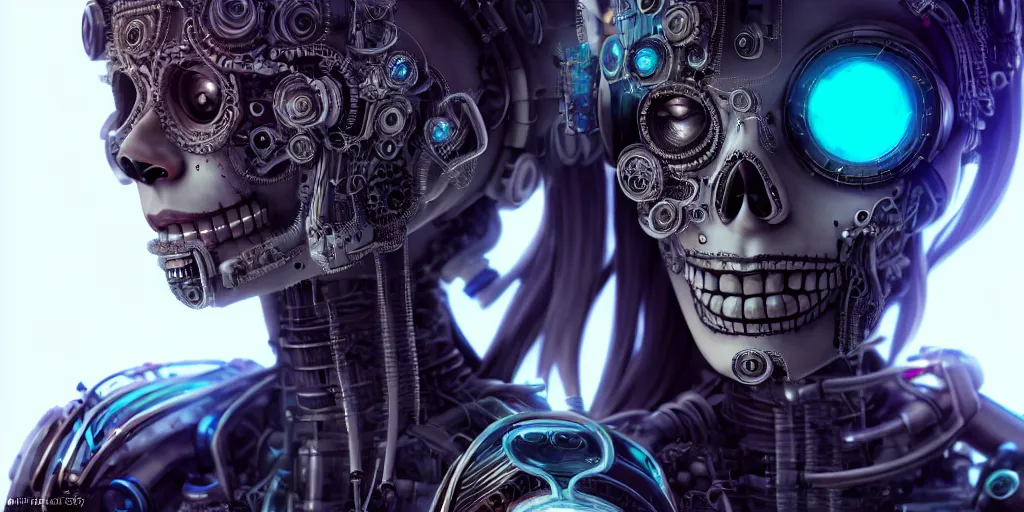 Image similar to ultra detailed, Mechanical Cyberpunk Female Android, dia de los muertos, cyberpunk, fantasy, intricate details, elegant, super highly detailed, professional digital painting, artstation, concept art, smooth, sharp focus, no blur, no dof, extreme illustration, Unreal Engine 5, Photorealism, HD quality, 8k resolution, cinema 4d, 3D, beautiful, cinematic, art by artgerm and michael welan and DZO and greg rutkowski and alphonse mucha and loish and WLOP