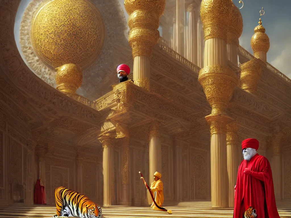 Image similar to moor with fez and turban in gilded silken robes with pet tiger at his side in front of immaculate palace intricate. highly detailed highly detailed, photorealistic, octane render, 8 k, unreal engine. art by artgerm and greg rutkowski and wayne barlowe