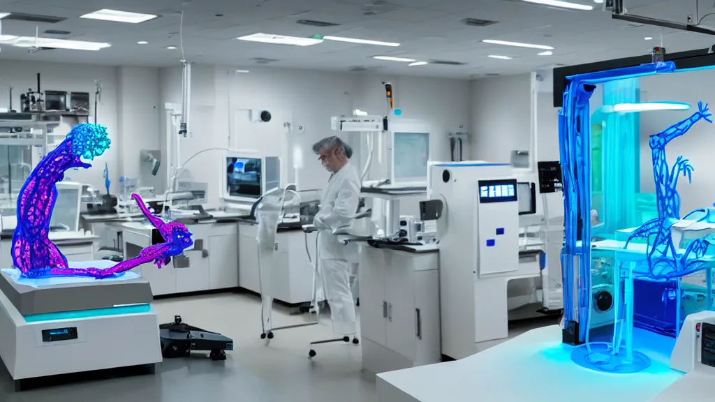 Prompt: a complex bifurcated surgical arm mri 3 d printer machine making colorful mutant forms with control panels in the laboratory inspection room, film still from the movie directed by denis villeneuve with art direction by salvador dali, wide lens