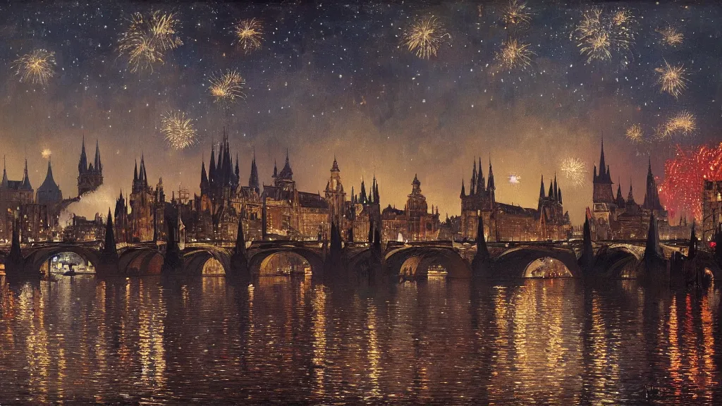 Image similar to a beautiful painting of the view from the river of london or prague during a fireworks festival, at night with a sky full of stars and fireworks, intricate, elegant, highly detailed, digital painting, artstation, concept art, by krenz cushart and artem demura and alphonse mucha