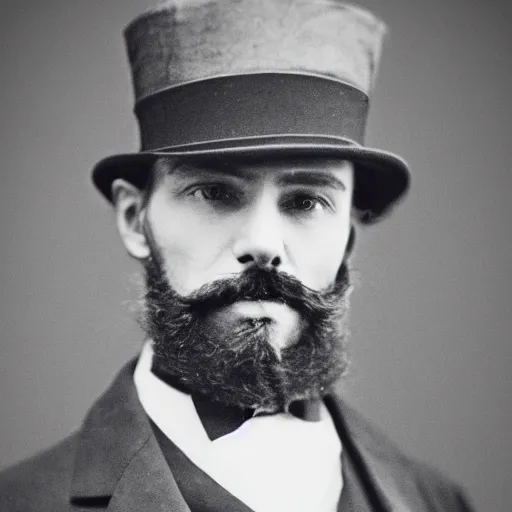 Image similar to A photograph portrait of Jerma985 in the mid-late 1800s with a top hat and beard, taken in the mid-late 1800s, grainy, taken on a Field View Camera, realistic, hyperrealistic, very realistic, highly detailed, very detailed, extremely detailed, detailed, digital art, trending on artstation