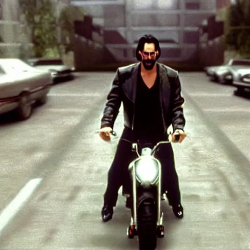 Image similar to beautiful hyperrealism three point perspective film still of Keanu Reeves as neo with machine gun in a motorcycle chase scene in Matrix(1990) extreme closeup portrait in style of 1990s frontiers in translucent porclein miniature street photography seinen manga fashion edition, miniature porcelain model, focus on face, eye contact, tilt shift style scene background, soft lighting, Kodak Portra 400, cinematic style, telephoto by Emmanuel Lubezki