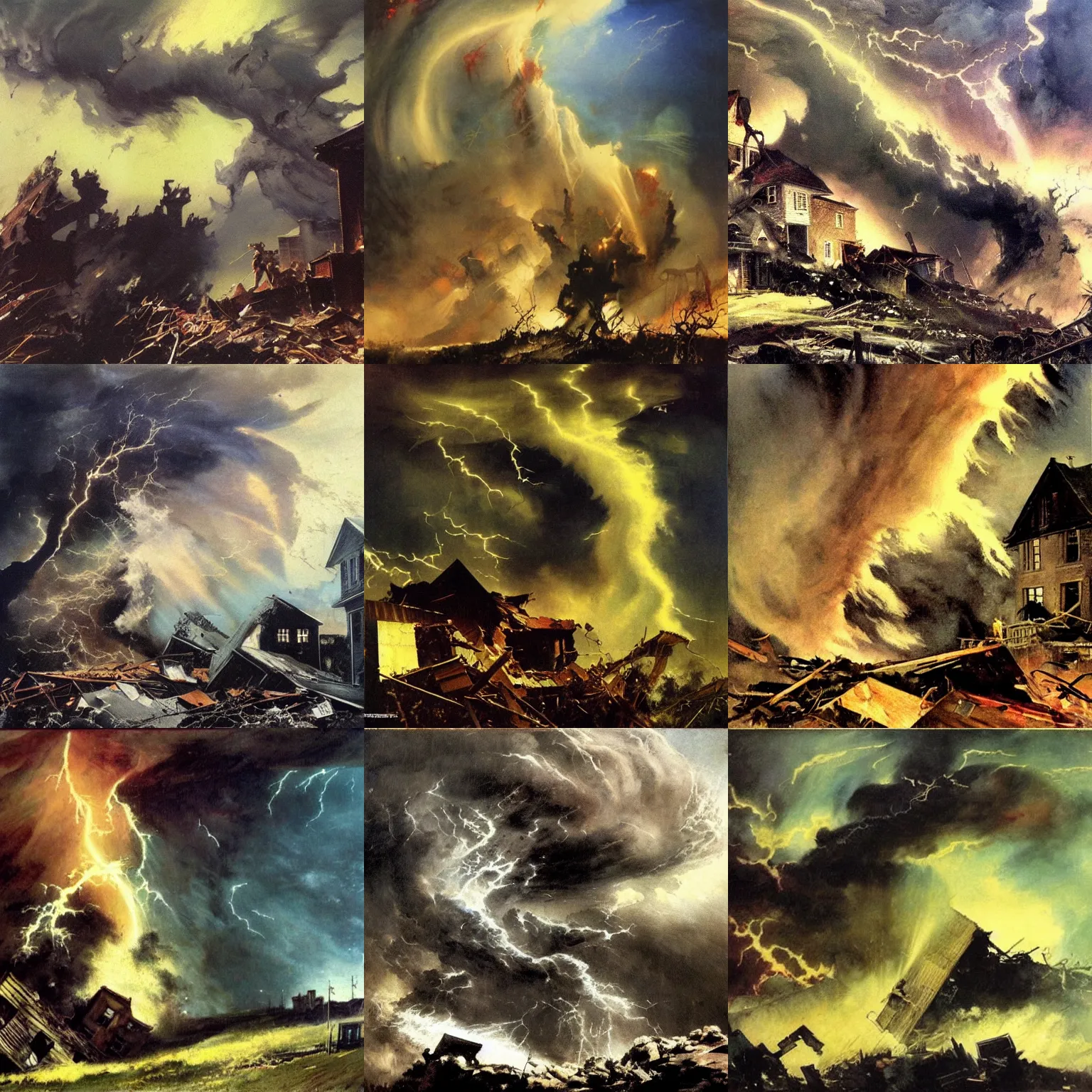 Prompt: house being destroyed and blown away by tornado, frank frazetta, dramatic lighting