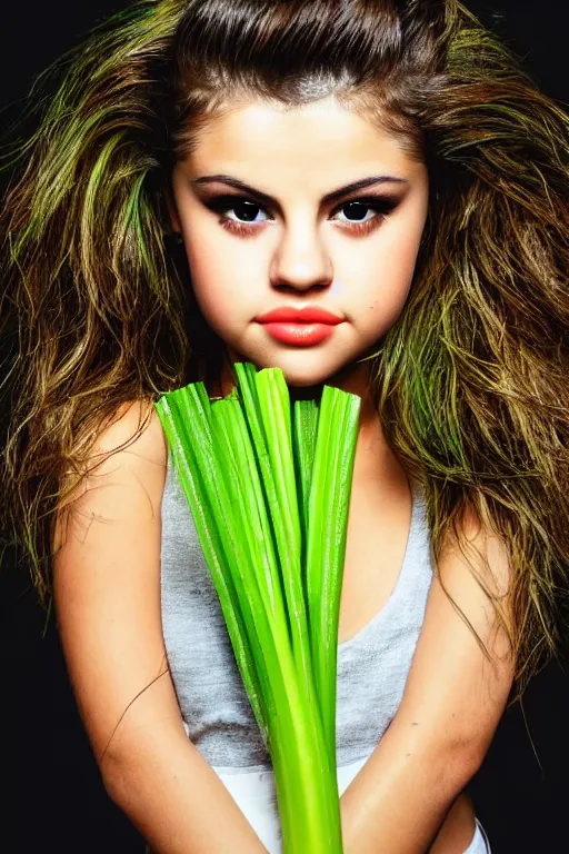 Image similar to close up headshot of selena gomez made out of celery, a human face with celery for hair, a bunch of celery sitting on a cutting board, professional food photography, selena gomez wearing green face paint