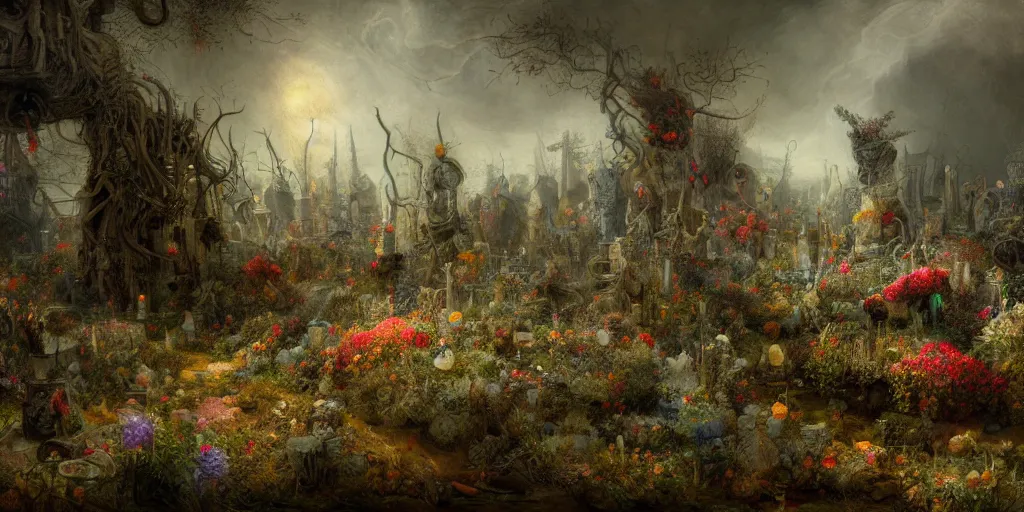 Prompt: 'Life from death' An aesthetic horror landscape painting depicting 'A crystalline graveyard with plants and flowers growing all over it, birds and insects flying all around it' by Rembrandt, Trending on cgsociety artstation, 8k, masterpiece, cinematic lighting, highly detailed, vibrant colors.