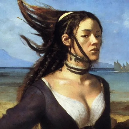 Image similar to a female pirate from avatar, painting by courbet