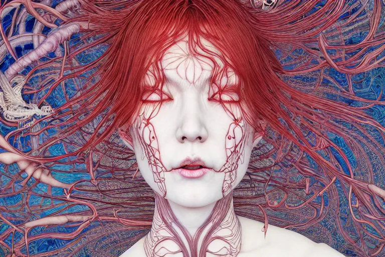 Image similar to realistic detailed image of a woman losing her sanity, conjuring psychedelic background, part by takato yamamoto, part by alex gray, ross tran, james jean, ultra realistic, octane render, highly detailed, 8 k, trending on artstation, cosmic, symmetry, masterpiece