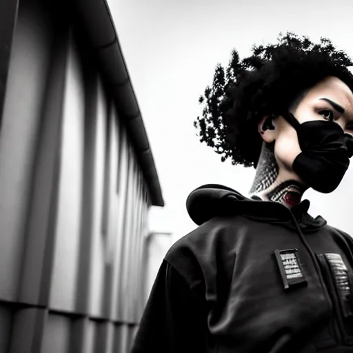 Prompt: Candid extreme wide shot of a poor techwear mixed woman with short hair and tattoos outside of a futuristic Los Angeles on fire, cyberpunk, 4k, extreme long shot, desaturated, full shot, action shot, motion blur, depth of field, sigma 85mm f/1.4, high resolution, 4k, 8k, hd, full color, award winning photography, war photography