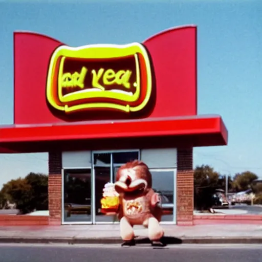 Prompt: The mascot for a once-popular fast food chain, 1970, colour photography