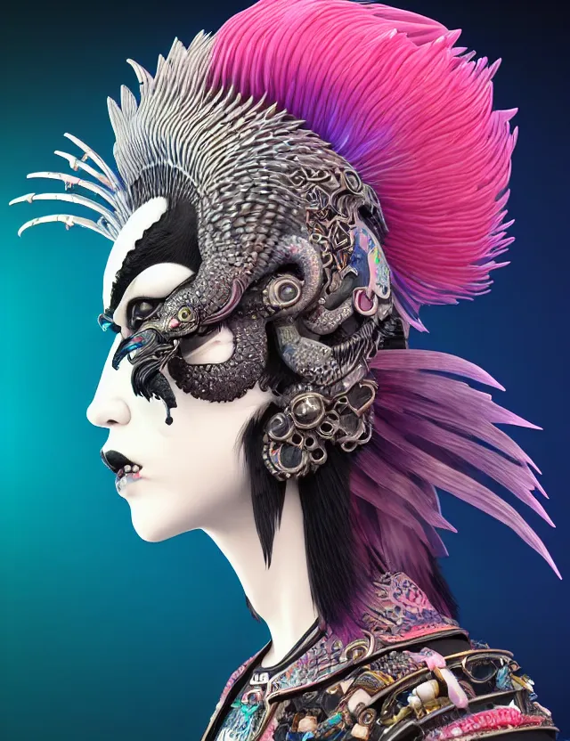 Image similar to 3 d goddess close - up profile portrait punk with mohawk with ram skull. beautiful intricately detailed japanese crow kitsune mask and clasical japanese kimono. betta fish, jellyfish phoenix, bio luminescent, plasma, ice, water, wind, creature, artwork by tooth wu and wlop and beeple and greg rutkowski