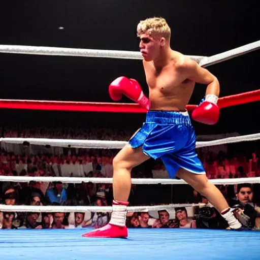 Prompt: jake paul vs mohammed ali, brutal boxing match, sports photography, sweat flying, hd high detail, professional photo