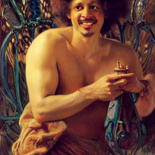 Image similar to highley detailed potrait of eric andre, painting by gaston bussiere, craig mullins, j. c. leyendecker, lights, art by ernst haeckel, john william godward, hammershøi,